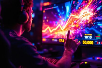 Un joueur concentré dans une pièce sombre regarde un écran de jeu crash coloré montrant un multiplicateur qui monte, lueurs orange et néons bleus et magenta, éclairage volumétrique, expression tendue.