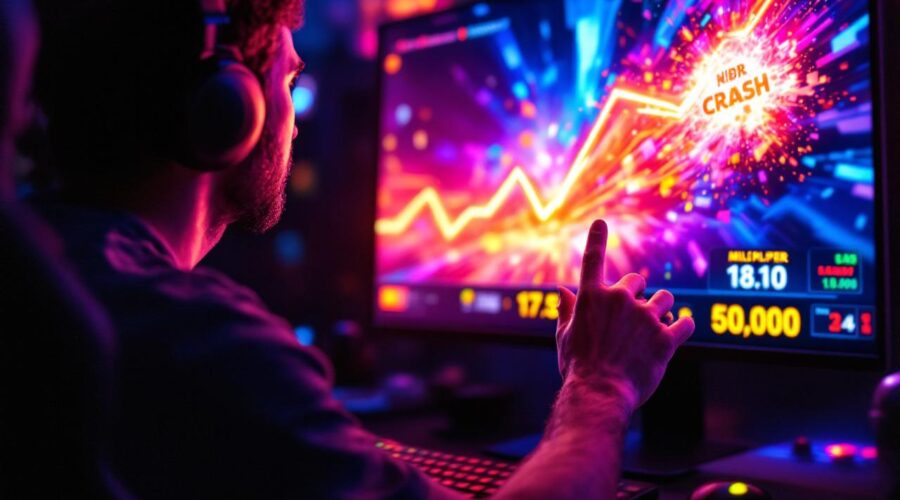 Un joueur concentré dans une pièce sombre regarde un écran de jeu crash coloré montrant un multiplicateur qui monte, lueurs orange et néons bleus et magenta, éclairage volumétrique, expression tendue.