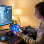 Jeune femme portant un casque audio à un bureau de jeu vidéo, consultant une tablette aux formes colorées tandis qu’un smartphone est posé face contre table.