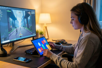 Jeune femme portant un casque audio à un bureau de jeu vidéo, consultant une tablette aux formes colorées tandis qu’un smartphone est posé face contre table.