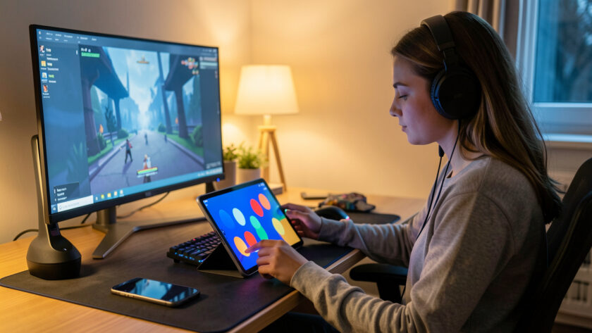 Jeune femme portant un casque audio à un bureau de jeu vidéo, consultant une tablette aux formes colorées tandis qu’un smartphone est posé face contre table.