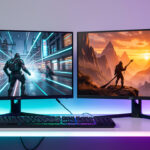 Deux écrans gaming présentés côte à côte sur un bureau éclairé par des lumières RGB, l’un montrant une scène d’action futuriste et l’autre un paysage fantastique cinématographique.