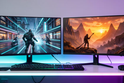 Deux écrans gaming présentés côte à côte sur un bureau éclairé par des lumières RGB, l’un montrant une scène d’action futuriste et l’autre un paysage fantastique cinématographique.