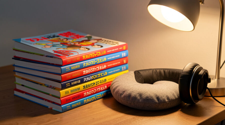 Une pile de mangas aux couvertures vierges, accompagnée d’un coussin de lecture, d’un casque audio et d’une lampe chaleureuse.