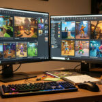 Espace de travail créatif d’un développeur de jeux vidéo avec deux écrans présentant des prototypes colorés, des niveaux et des personnages stylisés, ainsi qu’un clavier, une manette et un carnet de croquis.