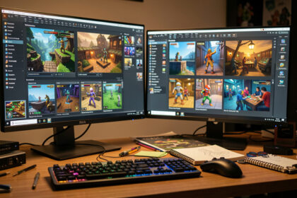 Espace de travail créatif d’un développeur de jeux vidéo avec deux écrans présentant des prototypes colorés, des niveaux et des personnages stylisés, ainsi qu’un clavier, une manette et un carnet de croquis.