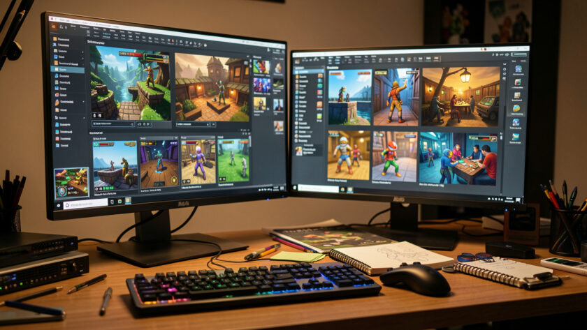 Espace de travail créatif d’un développeur de jeux vidéo avec deux écrans présentant des prototypes colorés, des niveaux et des personnages stylisés, ainsi qu’un clavier, une manette et un carnet de croquis.