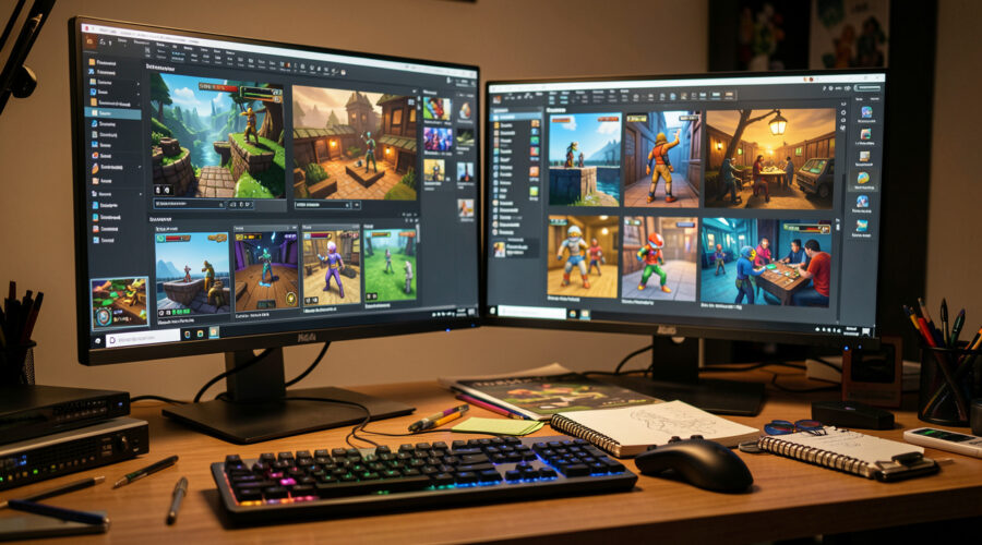 Espace de travail créatif d’un développeur de jeux vidéo avec deux écrans présentant des prototypes colorés, des niveaux et des personnages stylisés, ainsi qu’un clavier, une manette et un carnet de croquis.
