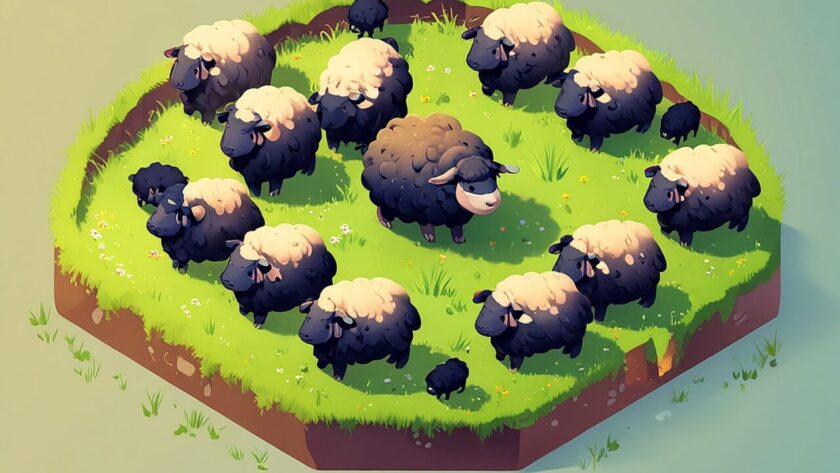 Jeu de société sur le thème des moutons, avec une boîte et des cartes disposées sur une table.