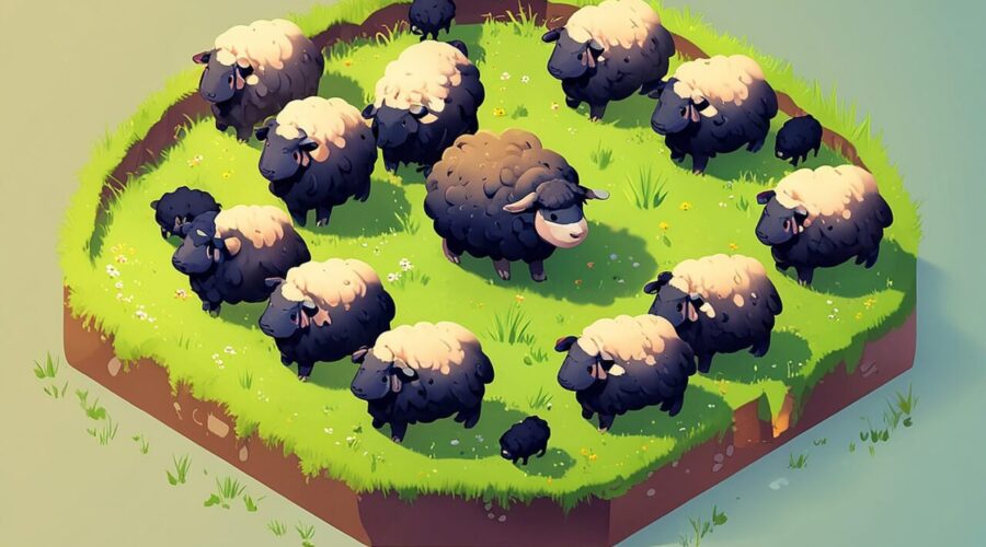 Jeu de société sur le thème des moutons, avec une boîte et des cartes disposées sur une table.