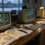 Studio de développement de jeux vidéo canadien des années 1990, avec écrans cathodiques, cartes fantastiques dessinées à la main et ambiance hivernale d’Edmonton.