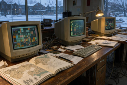 Studio de développement de jeux vidéo canadien des années 1990, avec écrans cathodiques, cartes fantastiques dessinées à la main et ambiance hivernale d’Edmonton.