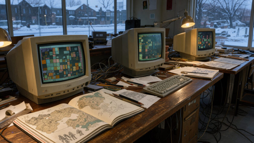 Studio de développement de jeux vidéo canadien des années 1990, avec écrans cathodiques, cartes fantastiques dessinées à la main et ambiance hivernale d’Edmonton.