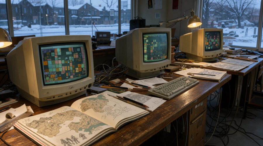 Studio de développement de jeux vidéo canadien des années 1990, avec écrans cathodiques, cartes fantastiques dessinées à la main et ambiance hivernale d’Edmonton.