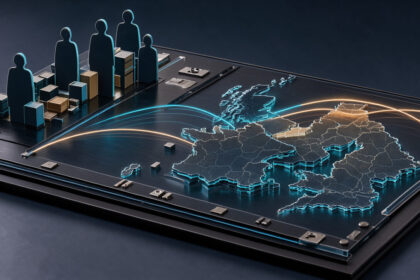 Illustration éditoriale réaliste d’un tableau d’analyse financière présentant des représentations abstraites de studios de jeux européens et des cartes de la France, de la Finlande et du Royaume-Uni, dans une esthétique de presse technologique.