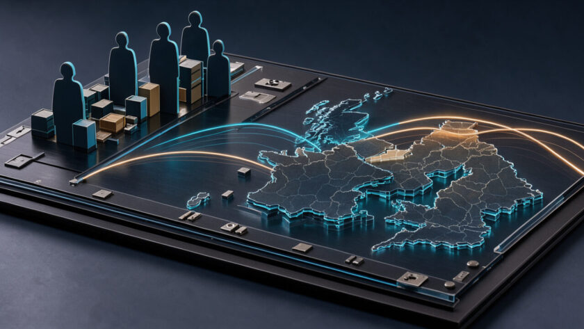 Illustration éditoriale réaliste d’un tableau d’analyse financière présentant des représentations abstraites de studios de jeux européens et des cartes de la France, de la Finlande et du Royaume-Uni, dans une esthétique de presse technologique.