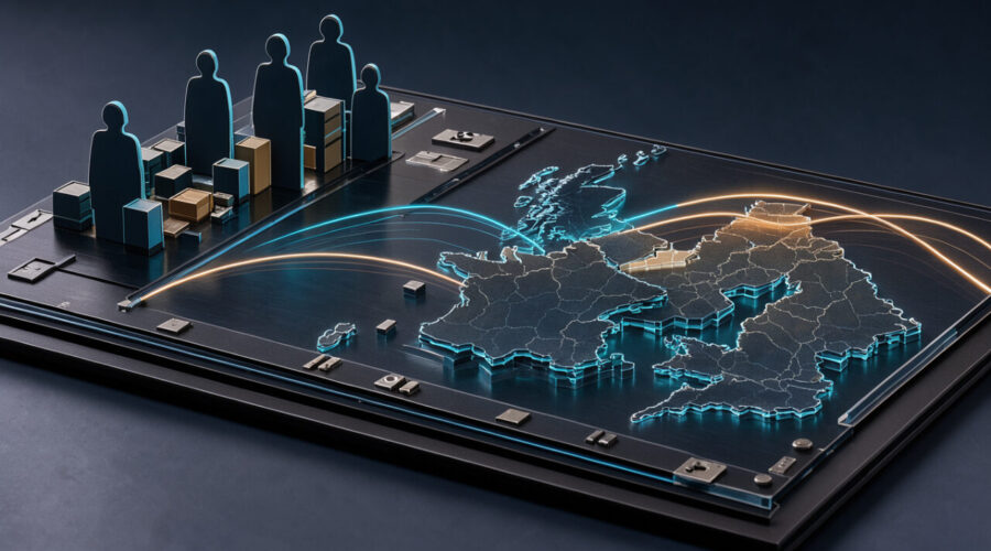 Illustration éditoriale réaliste d’un tableau d’analyse financière présentant des représentations abstraites de studios de jeux européens et des cartes de la France, de la Finlande et du Royaume-Uni, dans une esthétique de presse technologique.